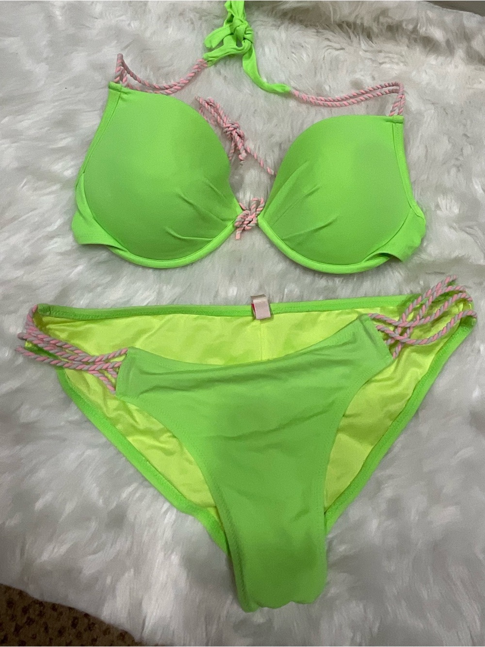 Victorias Secret Neon Lime Green Bikini Set with Pink Accent Braided Straps